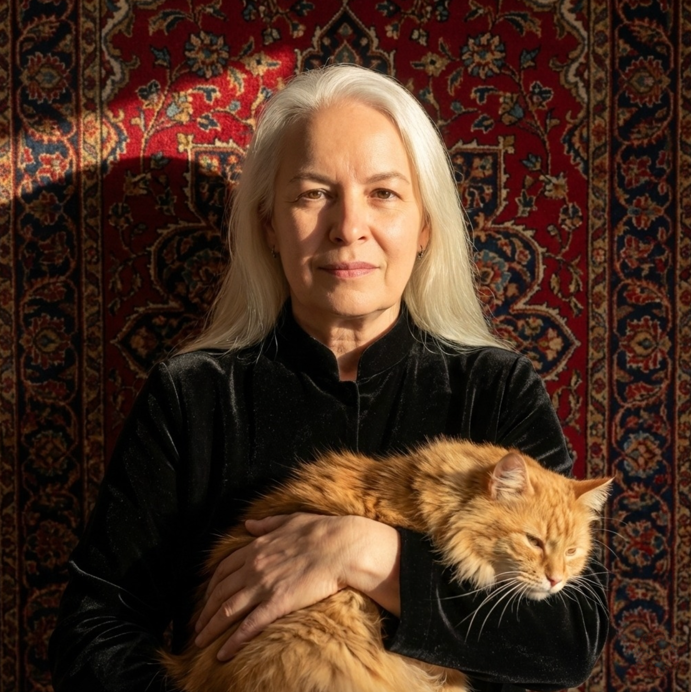 Ellen Britt, PA, Ed.D., founder of The Twisted Tensor, holding an orange cat in front of a Persian rug