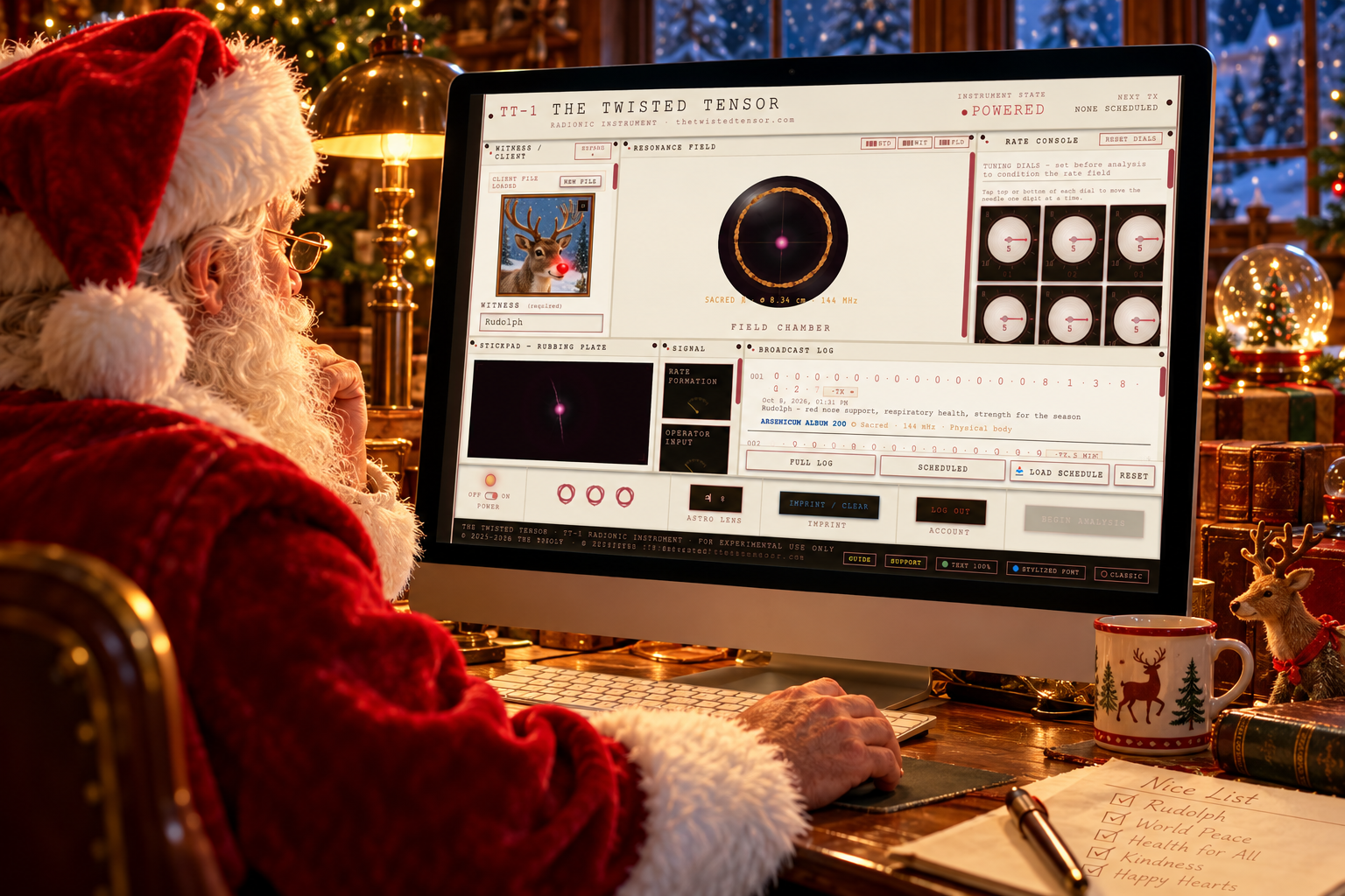 Santa Claus using the TT-1 radionic instrument with Rudolph as the witness
