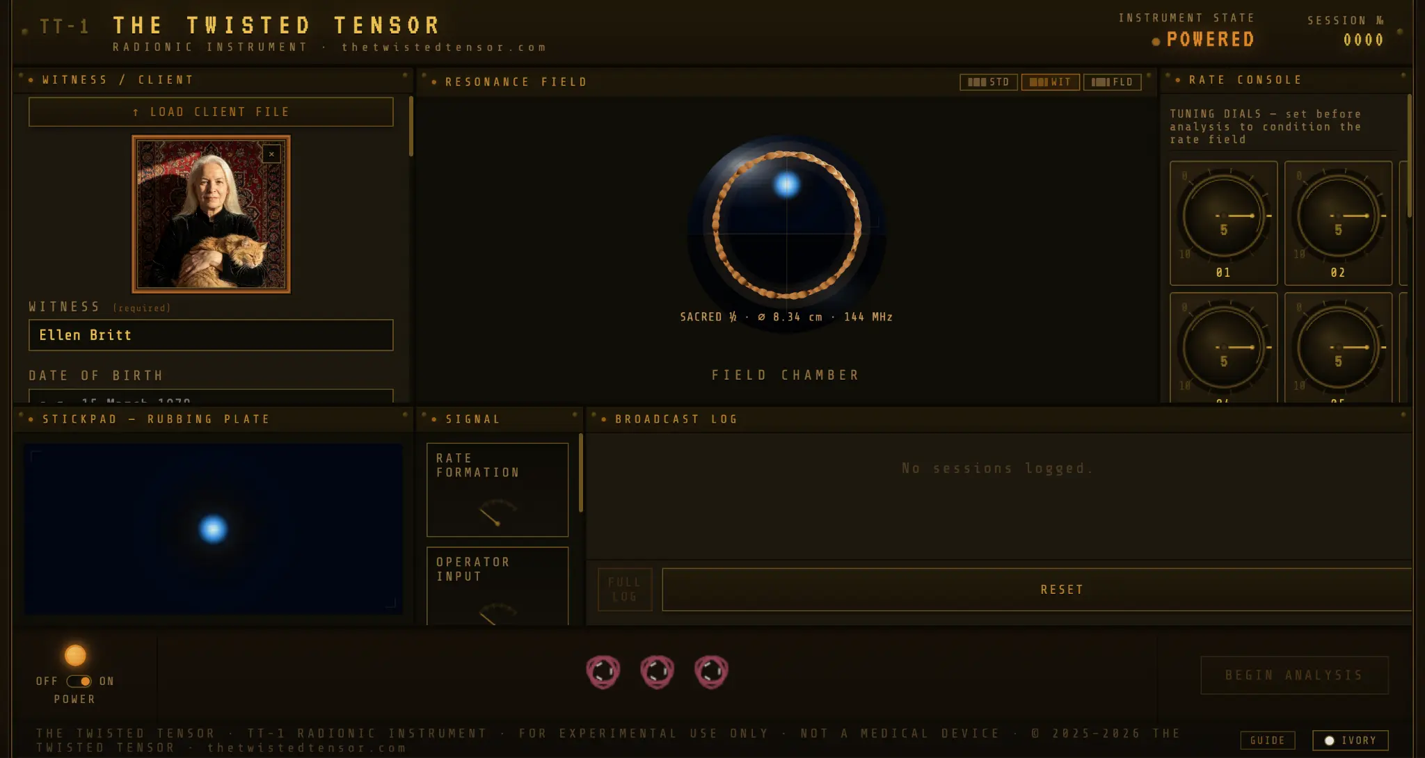 The TT‑1 virtual radionic instrument in Classic dark mode