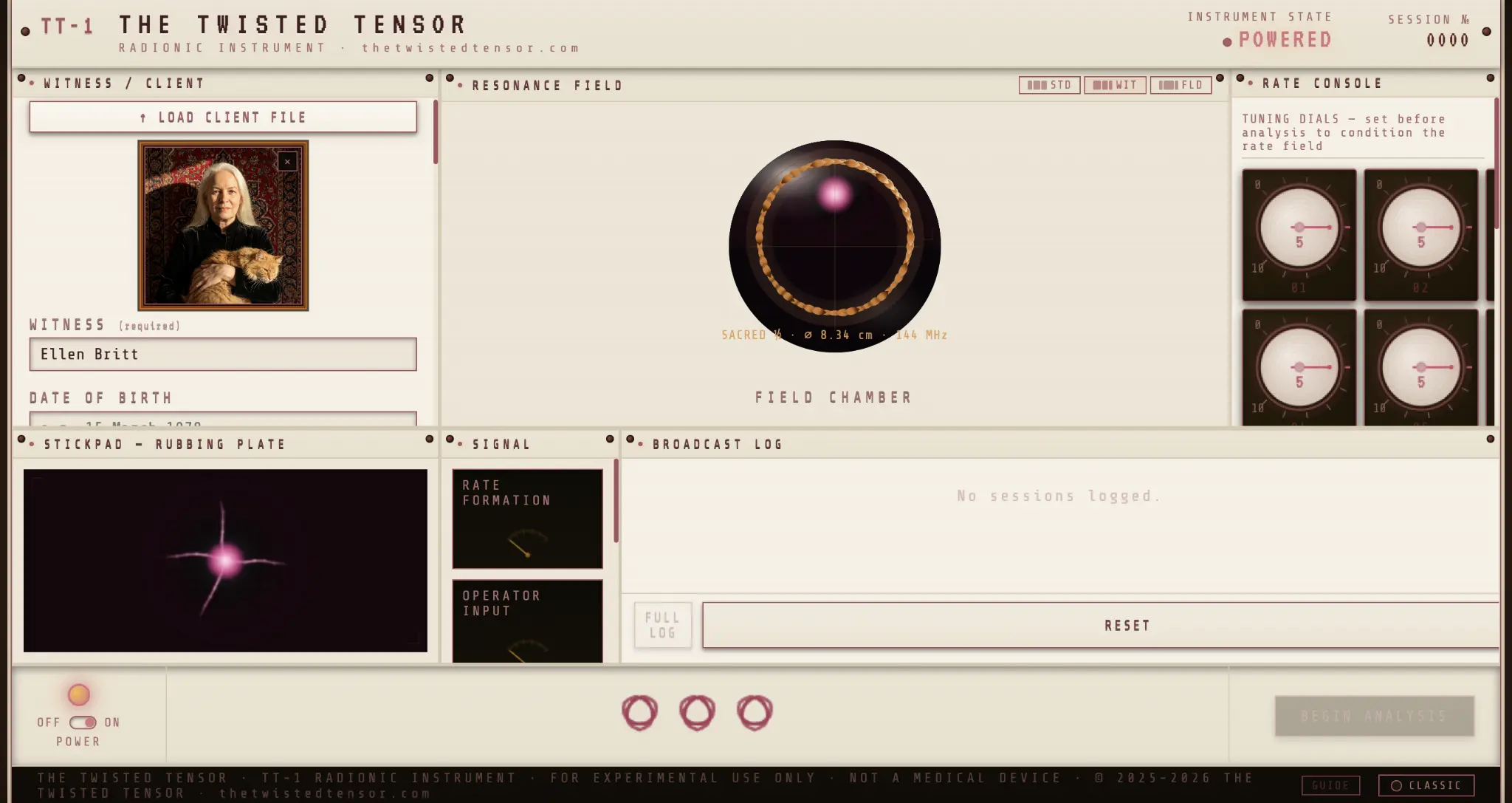 The TT‑1 virtual radionic instrument in Ivory & Rose Gold mode, showing the resonance field, witness panel, stickpad, rate console, and broadcast log