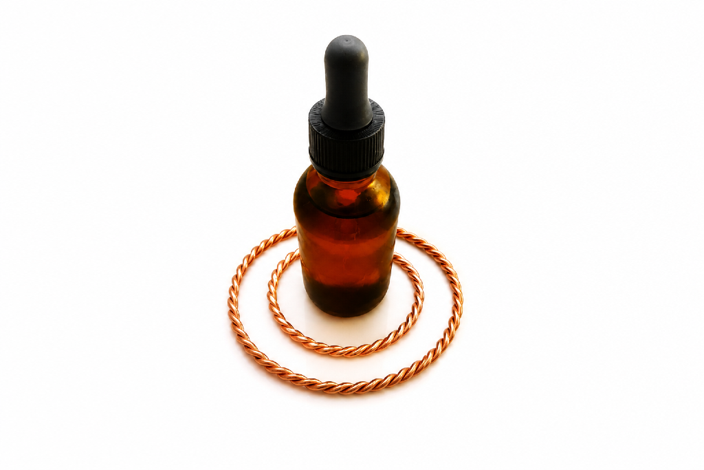 Copper tensor rings with homeopathic remedy bottle